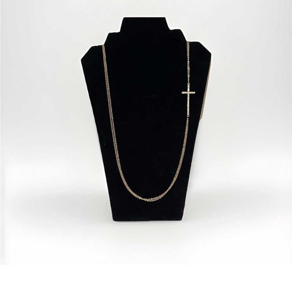 Necklace Gold Tonned Extra Long Necklace With Cubic Zirconia Cross.